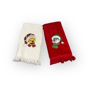 1993 Vintage Looney Tunes Bugs Bunny Tweety Bird Hand Towels Christmas Set Of 2